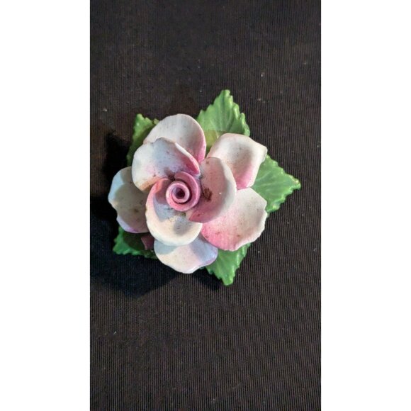 Hand-Painted Porcelain Rose Pin Brooch Pink Green Floral Design Made in England - Picture 3 of 6